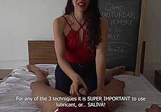Brunette teacher shows how to jerk a man in 6 bold steps
