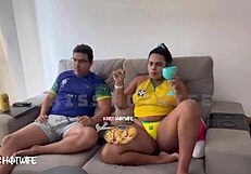 Naughty Brunette In Lingerie Flashes Tits During Brazil Game Pov