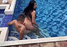Horny pool guy intensely fucks latina boss with fake tits outdoor deepthroat