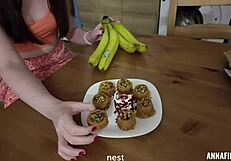 A young woman with a slim body and a juicy pussy that tastes like banana, and her squirting test