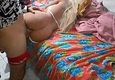 Blonde teen doll takes hard anal toy deep inside