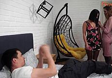 Eva Black and Vika in Pantyhose Seduce Alex for Wild FMF Threesome