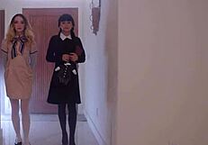 at the halloween party, petite latina teen aria valencia and friend maria kazi get rough with big cock