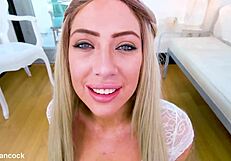 Sunny chase performs no-hands pov blowjob on huge cock and swallows cum