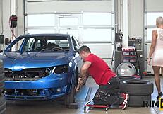 Blonde MILF gets rim job from car mechanic