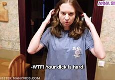 M J's Angry Roommate Grabs Cock In Dorm Kitchen