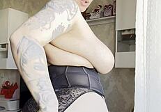 blonde shows her big natural boobs in lingerie, she says