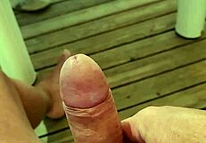 super horny, almost cumming on a mobile home terrace at camping