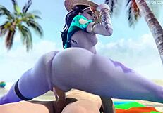 Widowmaker asks, 'Want to fuck my big ass on the beach with your monster cock?' in Overwatch beach sex scene