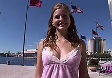 That college cutie flashed her shaved pussy outdoors.