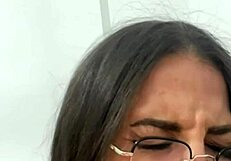 Medusa performs blowjob and titjob on huge dildo while masturbating