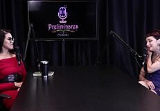 Annie Clementine humiliates in podcast with Bia Hot, handjob in see-through lingerie outdoors.