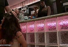 Tied huge tits milf gets fucked in public