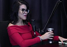 Annie Clementine humiliates in podcast with Bia Hot, handjob in see-through lingerie outdoors.