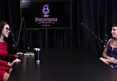 Annie Clementine humiliates in podcast with Bia Hot, handjob in see-through lingerie outdoors.