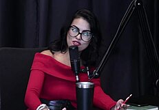 Annie Clementine humiliates in podcast with Bia Hot, handjob in see-through lingerie outdoors.