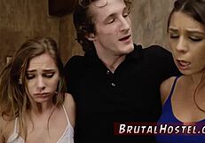 two young sluts get rough punishment in a hardcore garage bondage session