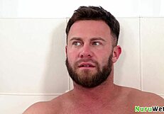 Natural tits bounce during a steamy 3some massage