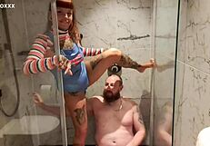 chucky roleplays peeing on the tattooed redhead in shower