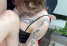 Hot Tattoo Teen Performs Backstage Blowjob Solo with Anal Toys in Vertical POV, Swallowing Cum