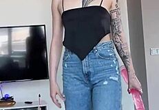 Hot Tattoo Teen Performs Backstage Blowjob Solo with Anal Toys in Vertical POV, Swallowing Cum