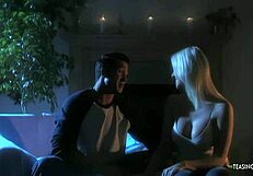 Horny blonde sucks and rides boyfriend’s cock on sofa