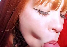 Does the boyfriend fuck the redhead's face and cum in her mouth?