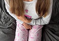 Horny 18yo teen in pajamas fingers shaved pussy to squirt with big cock cumshot