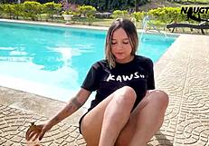 Latina teen slut bends over in pool for doggystyle, sending masturbation video to boyfriend with big ass tease.