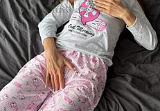 Horny 18yo teen in pajamas fingers shaved pussy to squirt with big cock cumshot