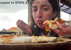 Girl eats pizza and swallows cum in public cafe