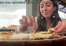 Girl eats pizza and swallows cum in public cafe