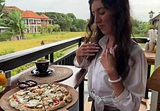 Girl eats pizza and swallows cum in public cafe