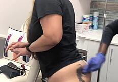 Blonde client with butt tattoo receives injection during spa massage session 2, watched voyeuristically