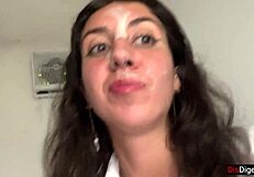 Girl eats pizza and swallows cum in public cafe