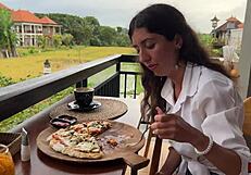 Girl eats pizza and swallows cum in public cafe