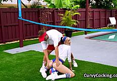 Young blonde fitness enthusiast stretches before giving a hardcore blowjob