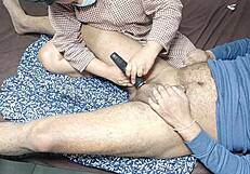 my stepmom is trimming my cock hair at home