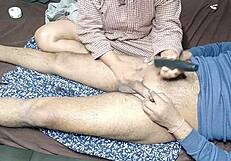 my stepmom is trimming my cock hair at home