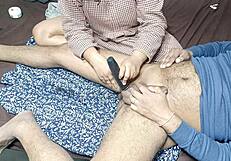 my stepmom is trimming my cock hair at home