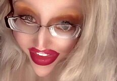 Drag queen performs belly dancing in glasses and music for bimbo fetish celebrity