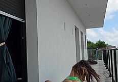 spanish bodybuilder with fake big tits fucks muscular tommy cabrio while neighbors peek