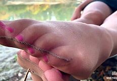 i tease my lover with cute feet in nude tights by the river