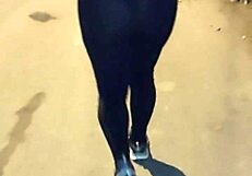 Mature Big Ass Flashes In Transparent Leggings Outdoors