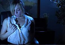 Dahlia, the blonde teen, fingers her pussy in the dark, teasing her tits