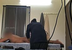 At the spa, a daring guy flashes his junk to the surprised girl.