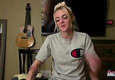 petite inked blonde confidently rubs her chest and explores her body