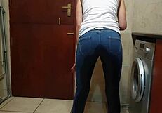 A lovely girl peed in her jeans and then began to smoke