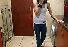 A lovely girl peed in her jeans and then began to smoke