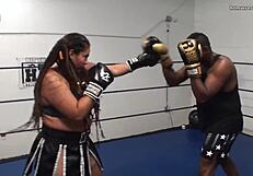 Male versus female in mixed boxing spar with feisty feminista